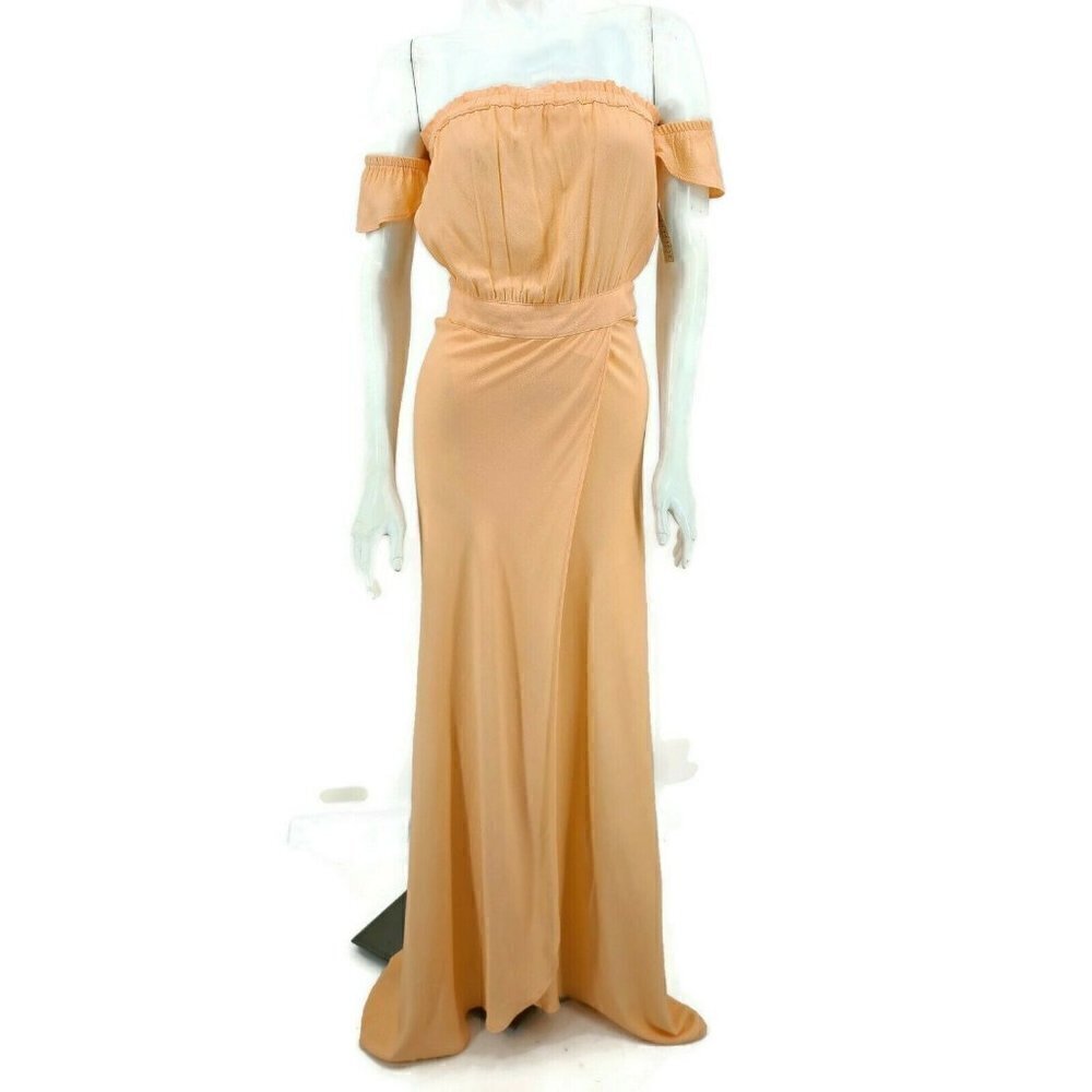 New Flynn Skye Peach Bella Maxi Dress Womens S Crinkle Slit Off Shoulder Rayon
